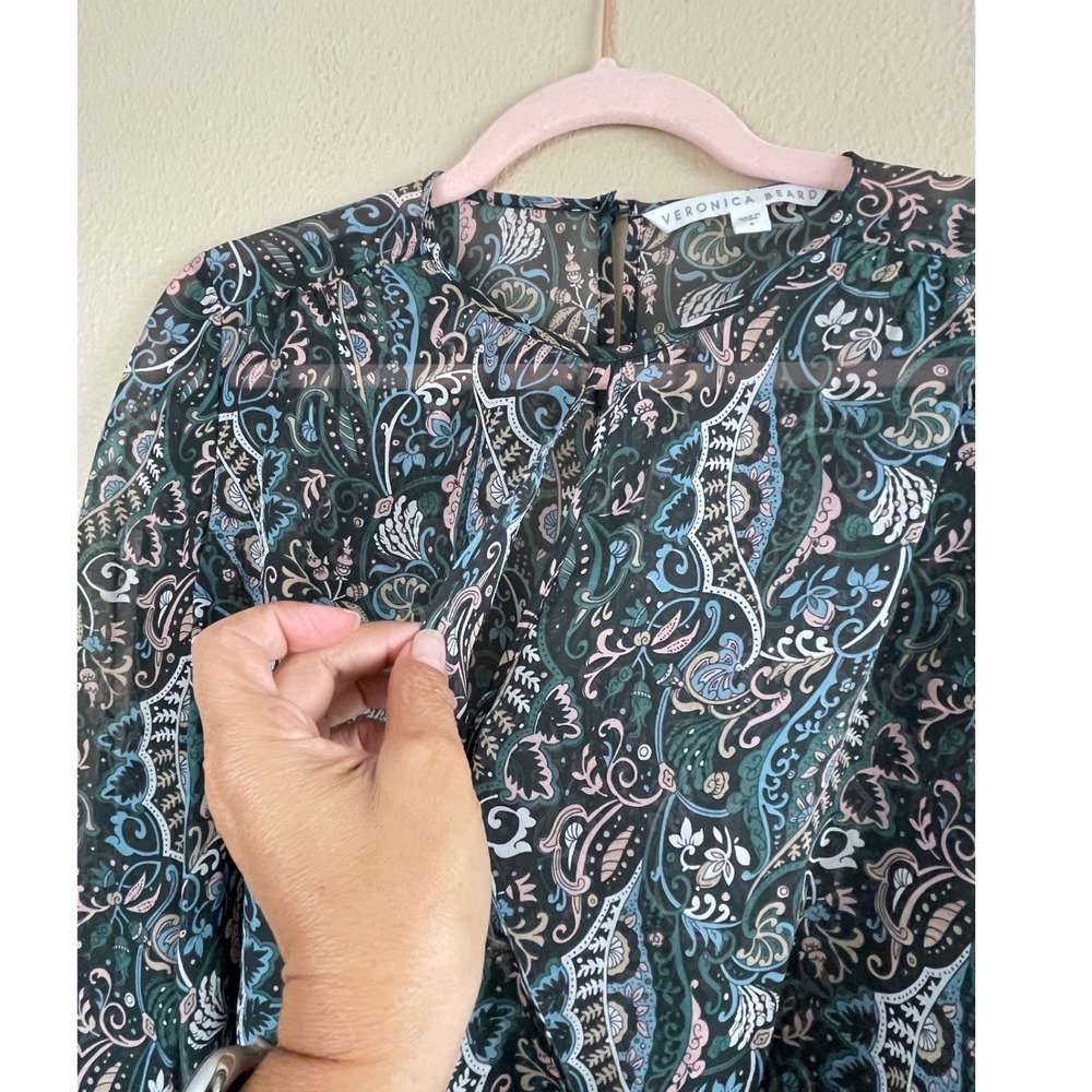 Veronica Beard 100% Silk Paisley Faux Wrap Blouse Sheer Long Sleeve Black Size 4 - Picture 5 of 13